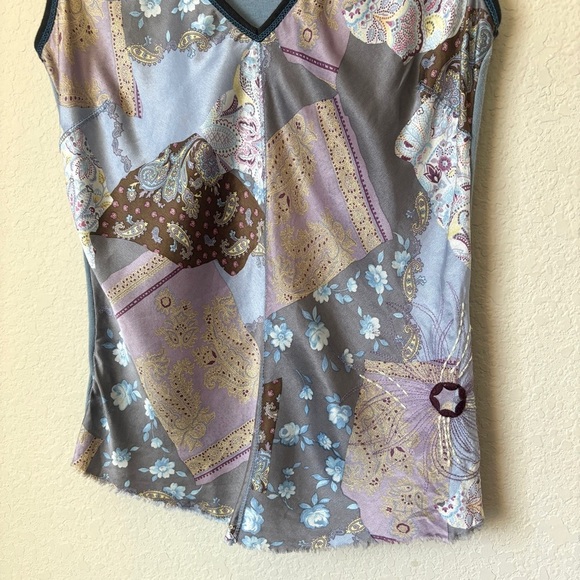 Y2K Silk Patchwork Print V-Neck Cowgirl Western Tank Top 90s Language Brand - Picture 4 of 9